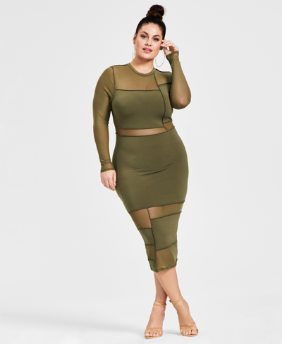 Shop Nina Parker Trendy Plus Size Sheer Panel Bodycon Dress In Winter Moss