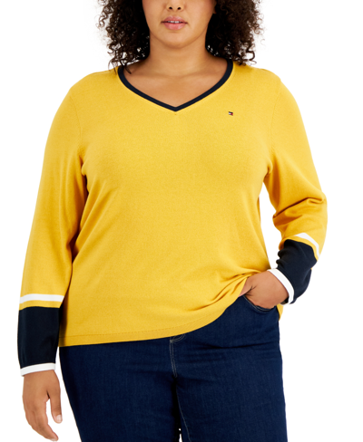 Tommy Hilfiger Plus Size Ivy Cotton Long-sleeve Sweater In Sunflower/sky  Captain/ivory | ModeSens
