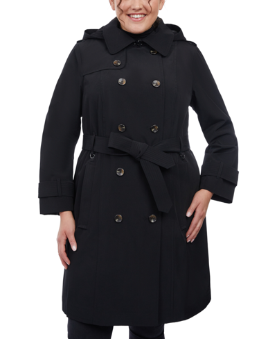 Shop London Fog Women's Plus Size Hooded Double-breasted Trench Coat In Black