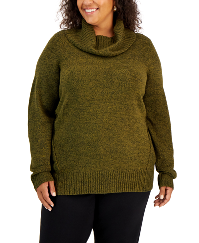Shop Karen Scott Plus Size Seam-detail Cowlneck Sweater, Created For Macy's In Dark Olive Marl