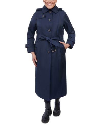 Shop London Fog Women's Plus Size Hooded Maxi Trench Coat In Midnight Navy