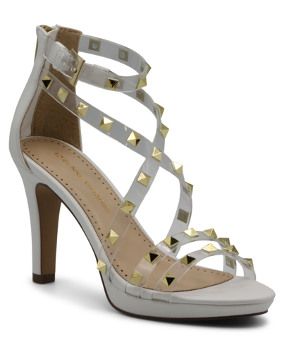 Shop Adrienne Vittadini Women's Gravie Strappy Studded High Heel Dress Sandals Women's Shoes In White Clear