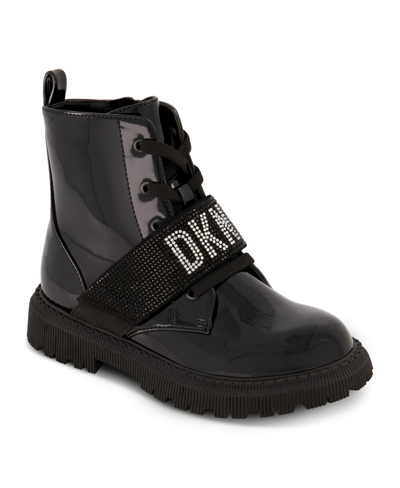 Shop Dkny Little Girls Elastic Logo Strap Moto Boots In Black