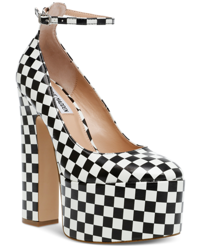 Shop Steve Madden Women's Skyrise Ankle-strap Platform Pumps In Black/white Checkered