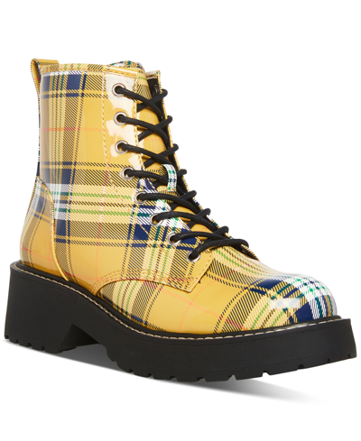 Shop Madden Girl Carra Lace-up Lug Sole Combat Boots In Yellow Plaid