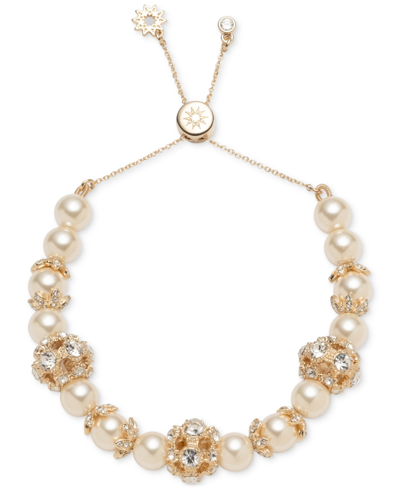 Shop Marchesa Gold-tone Imitation Pearl & Crystal Button Slider Bracelet