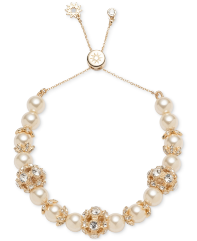 Marchesa Gold-tone Imitation Pearl & Crystal Button Slider Bracelet In Gold