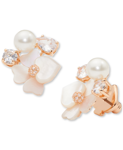 Shop Kate Spade Gold-tone Cubic Zirconia, Imitation Pearl & Mother-of-pearl Flower Cluster Stud Earrings In White Multi