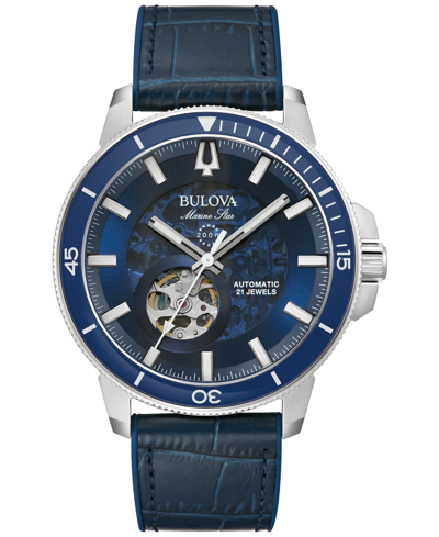 Shop Bulova Men's Automatic Marine Star Series C Blue Leather Strap Watch 45mm