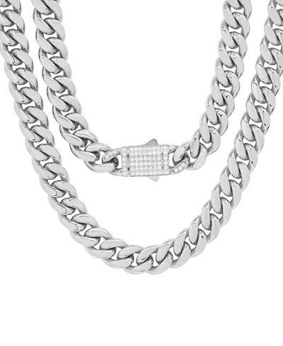 Shop Steeltime Men's Stainless Steel Thick Cuban Link Chain Necklace With Simulated Diamonds Clasp In Silver-tone