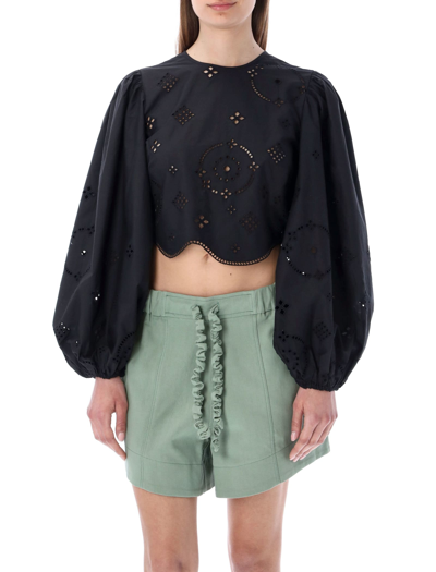Shop Ganni Broderie Anglaise Cropped Blouse In Black