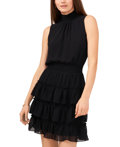 Shop 1.state Women's Smocked Sleeveless Mock Neck Tiered Mini Dress In Rich Black