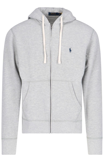 Shop Polo Ralph Lauren Logo Embroidered Zipped Hoodie In Grigio