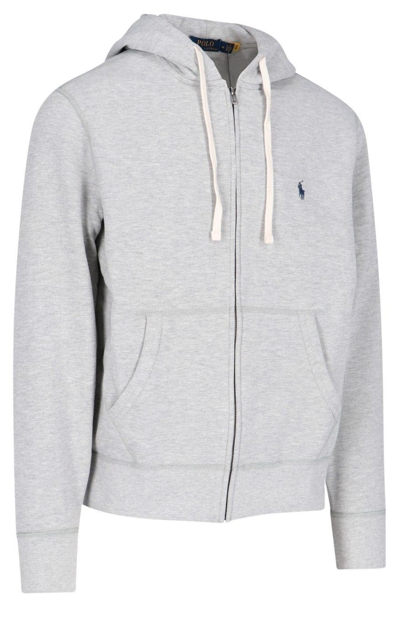 Shop Polo Ralph Lauren Logo Embroidered Zipped Hoodie In Grigio