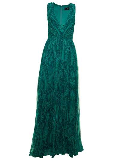 Shop Etro Long Dress Camille With Paisley Print In Green Silk Chiffon Woman  In Multicolor