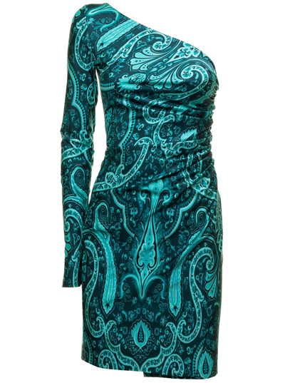 Etro Paisley Printed One-shoulder Mini Dress In Green
