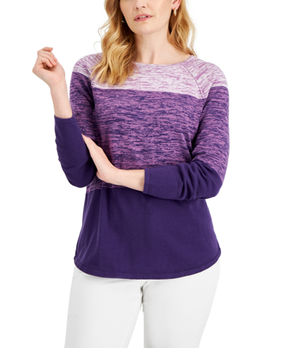 Shop Karen Scott Women's Cotton Colorblocked Sweater, Created For Macy's In Cassis Combo