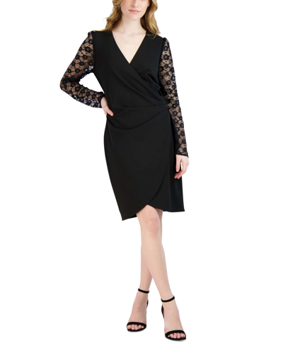 Shop Donna Ricco Women's Lace-sleeve Crossover Dress In Black