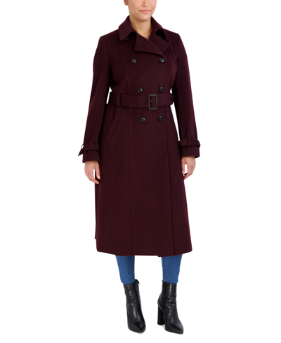 Shop Cole Haan Women's Double-breasted Belted Wool Blend Trench Coat In Bordeaux