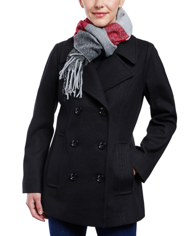 Shop London Fog Women's Double-breasted Peacoat & Plaid Scarf In Black