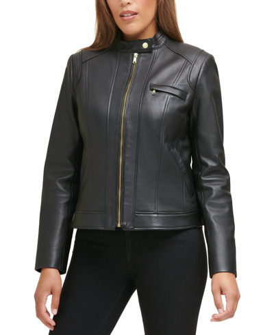 Shop Cole Haan Women's Stand-collar Leather Moto Coat, Created For Macy's In Black