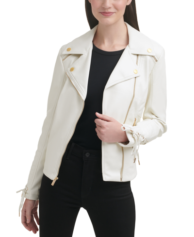 Shop Guess Women's Faux-leather Asymmetric Moto Coat In Ivory