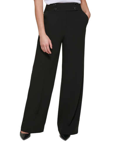Calvin Klein Wide Leg Linen Blend Trousers In Black