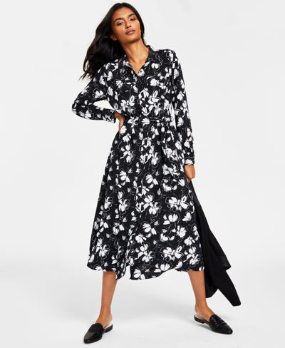 Shop Alfani Women's Belted Shirtdress Created For Macy's In Black Floral Flow