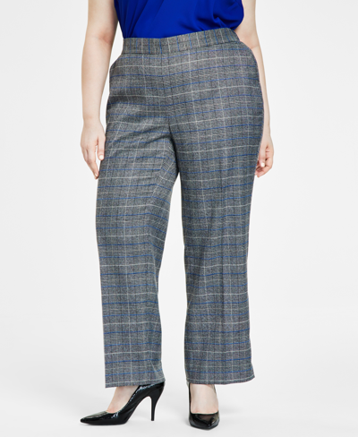 Shop Kasper Plus Size Glen Plaid Pull-on Pants In Royal Blue Combo