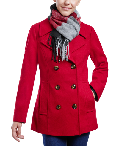 Shop London Fog Women's Double-breasted Peacoat & Plaid Scarf In Red