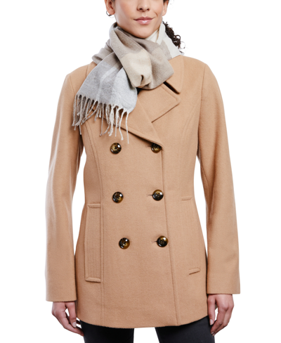 Shop London Fog Women's Double-breasted Peacoat & Plaid Scarf In Camel
