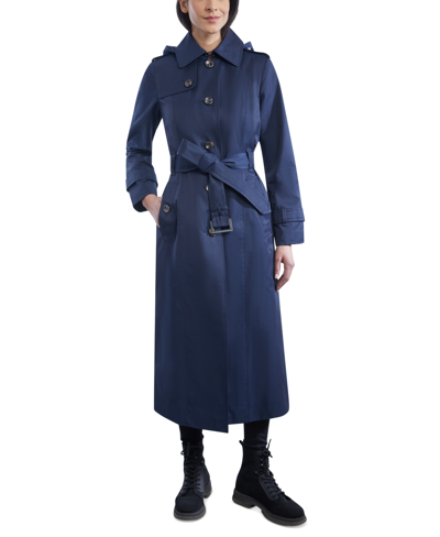 Shop London Fog Women's Hooded Maxi Trench Coat In Midnight Navy