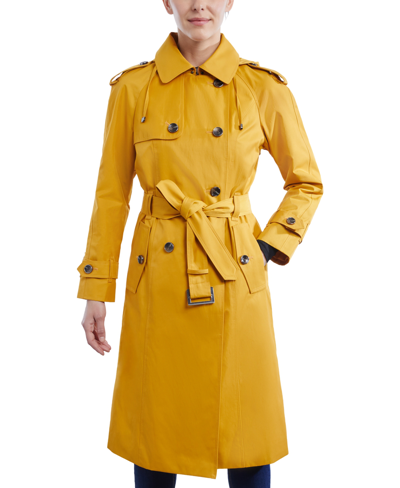 Shop London Fog Women's Double-breasted Hooded Trench Coat In Amber