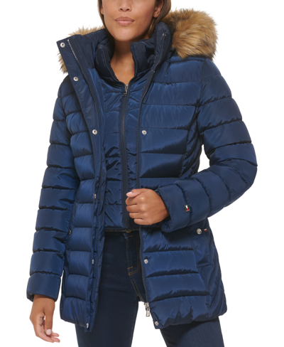 Shop Tommy Hilfiger Women's Faux-fur-trim Hooded Puffer Coat, Created For Macy's In Navy