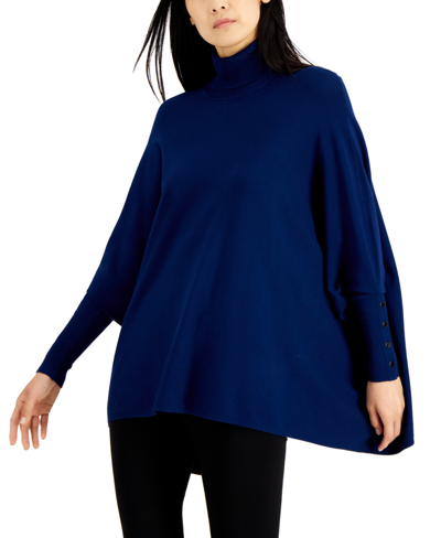 Shop Alfani Women's Turtleneck Poncho Sweater, Created For Macy's In Blazing Navy