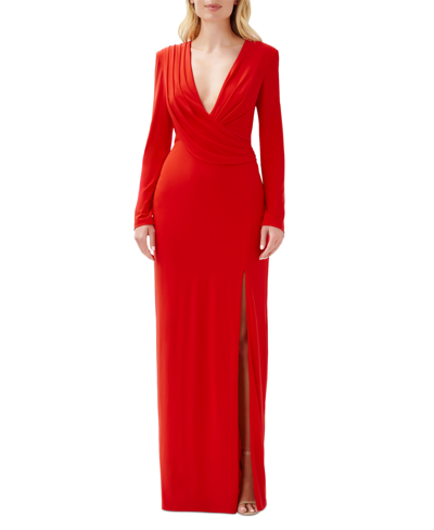 Shop Aidan Mattox Aidan By  Women's Plunge-neck Gown In Flame Red