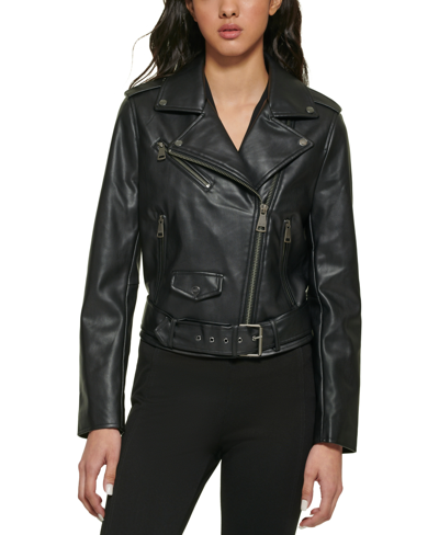 Shop Dkny Women's Faux-leather Moto Jacket In Black