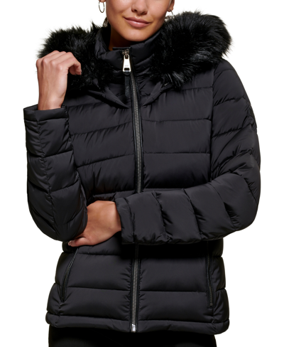 Shop Dkny Women's Faux-fur-trim Hooded Puffer Coat In Black
