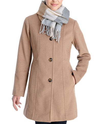 Shop London Fog Women's Single-breasted Coat & Printed Scarf In Camel