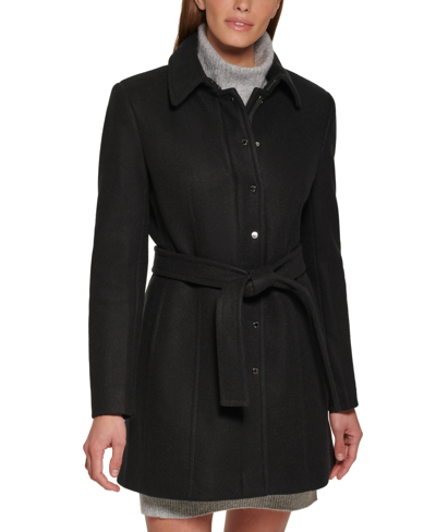 Shop Calvin Klein Women's Snap Zipper Club-collar Coat In Black