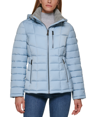 Shop Calvin Klein Women's Faux-fur-trim Hooded Puffer Coat, Created For Macy's In Blue Mist