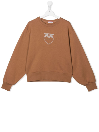 Shop Pinko Teen Pearl Embellished Cotton Sweatshirt In Brown