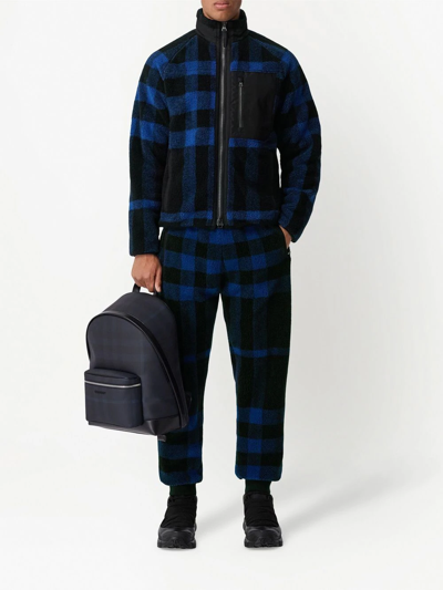 Burberry Cotton-blend Twill-panelled Checked Fleece Jacket In Blue