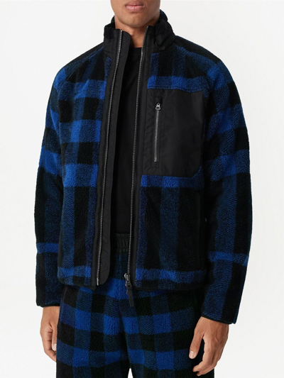 Burberry Cotton-blend Twill-panelled Checked Fleece Jacket In Blue