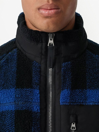 Burberry Cotton-blend Twill-panelled Checked Fleece Jacket In Blue