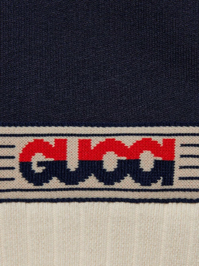 Shop Gucci Intarsia-knit Logo Hooded Jacket In Blue