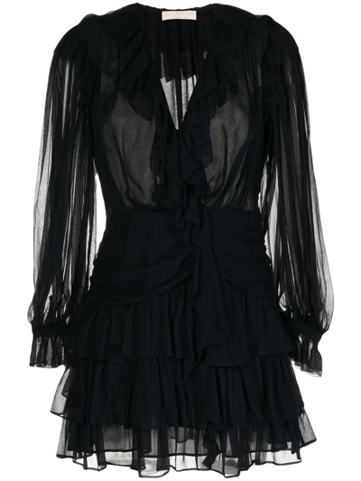Shop Ulla Johnson Sara Ruffle-trimmed Silk Dress In Black