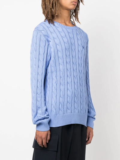 Shop Polo Ralph Lauren Cable-knit Embroidered-logo Jumper In Blue