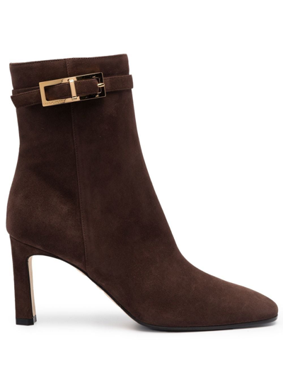 Shop Sergio Rossi Side-buckle Suede Boots In Brown