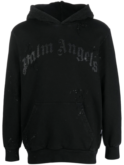 Shop Palm Angels Logo-print Distressed Hoodie In Black